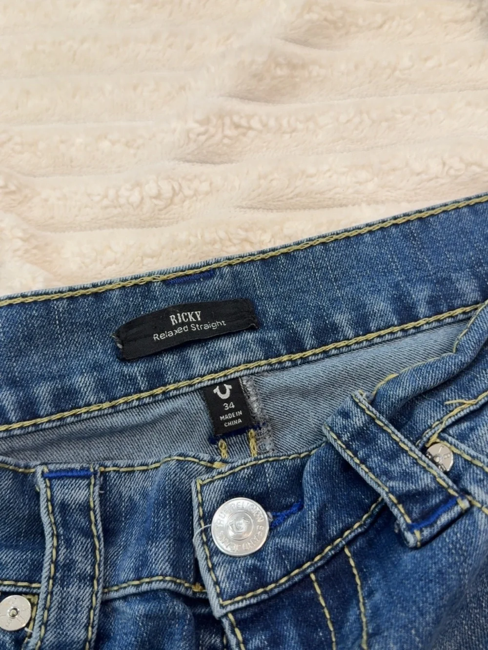 True Religion Men's Light Blue Denim Jeans with Signature Pocket Stitch